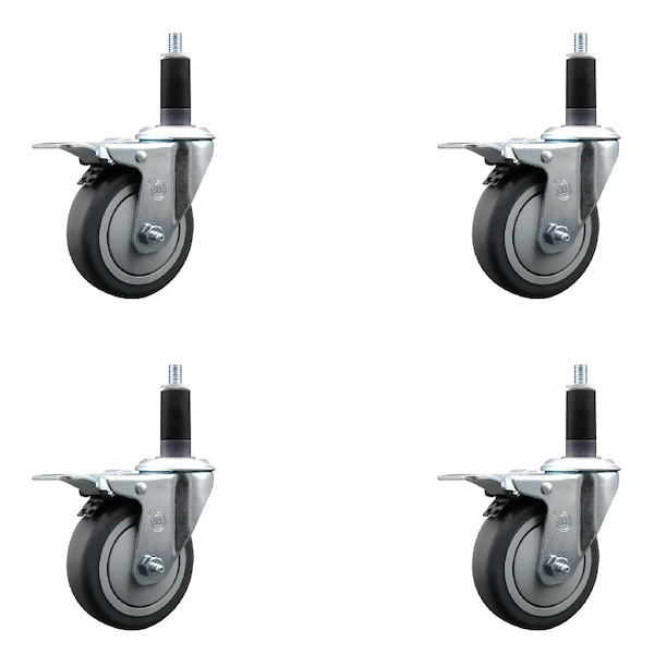 4'' Thermoplastic Rubber Swivel 1-1/8'' Expanding Stem Caster Set Total Lock Brake, 4PK